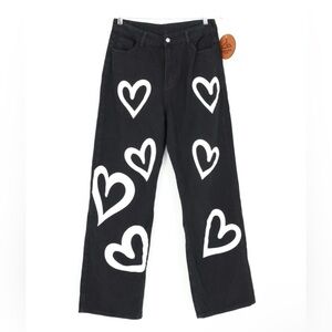 Shein Women Black Heart Print Wide Leg Denim Jeans Large High Waisted Streetwear